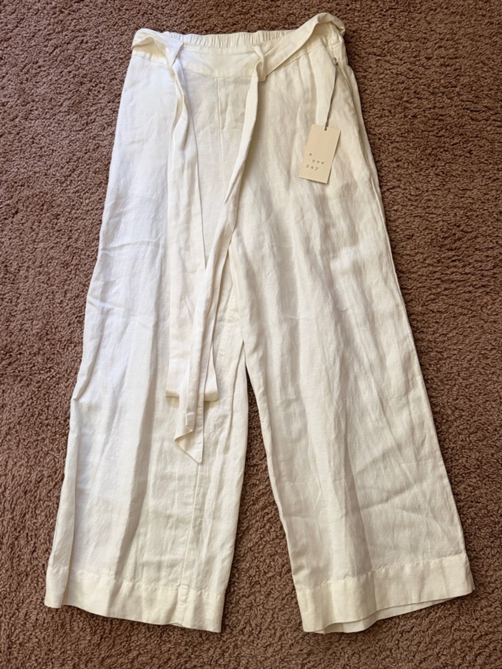 Lightweight White Linen Wide-Leg Tie-Waist Pants XS - New